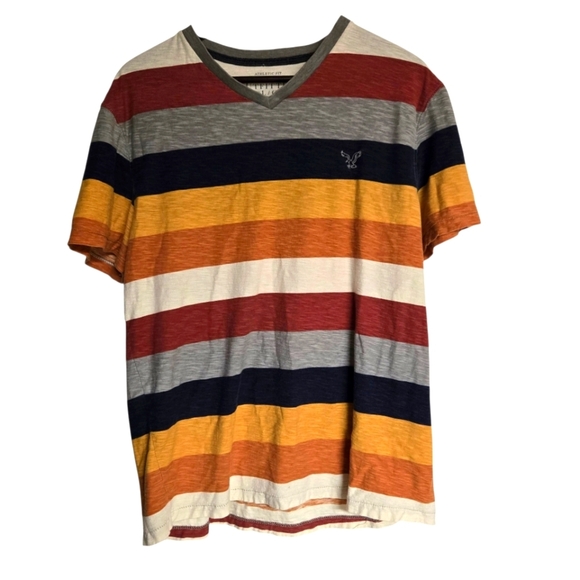 American Eagle Striped Multicolor V-Neck Men's Shirt Large - Picture 1 of 8
